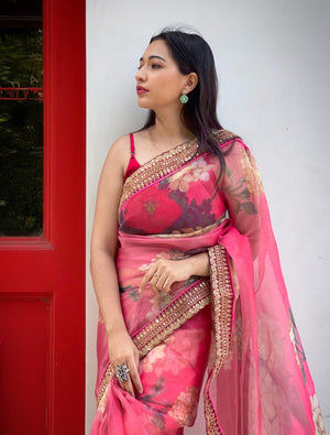 Orgenza Pink Color Organza Silk Full Heavy Border And Printed Saree With Contrast Blouse - Orgenza Store - digisoch
