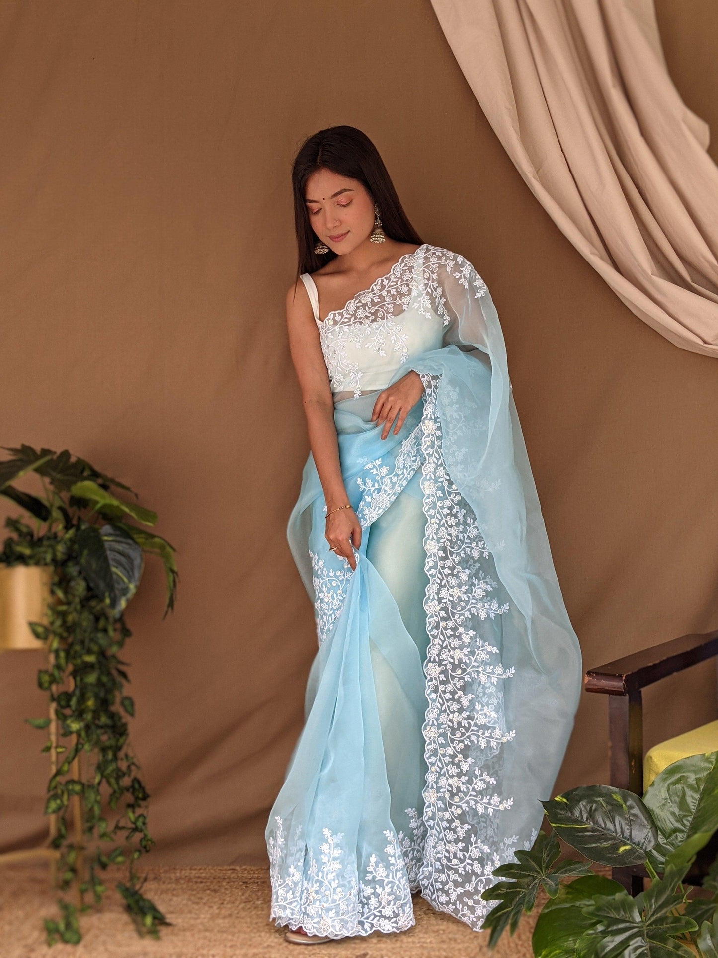 Orgenza Light Sky Color Pure Organza Silk And Flower Embroidery Work With Contrast Blouse - Orgenza Store
