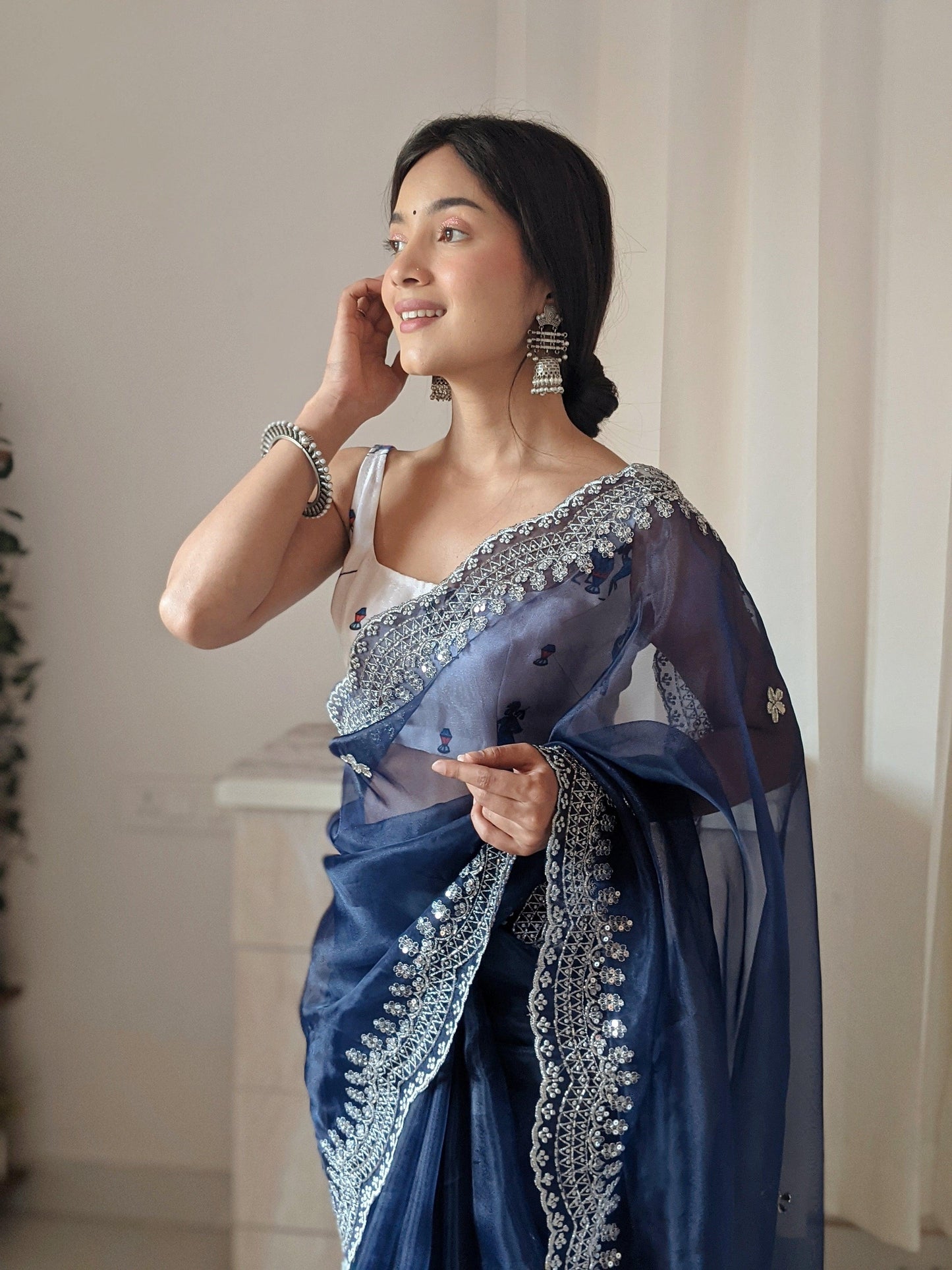 Orgenza Dark Blue Color Pure Heavy Organza Silk And Silver Embroidery Work With Contrast Blouse - Orgenza Store