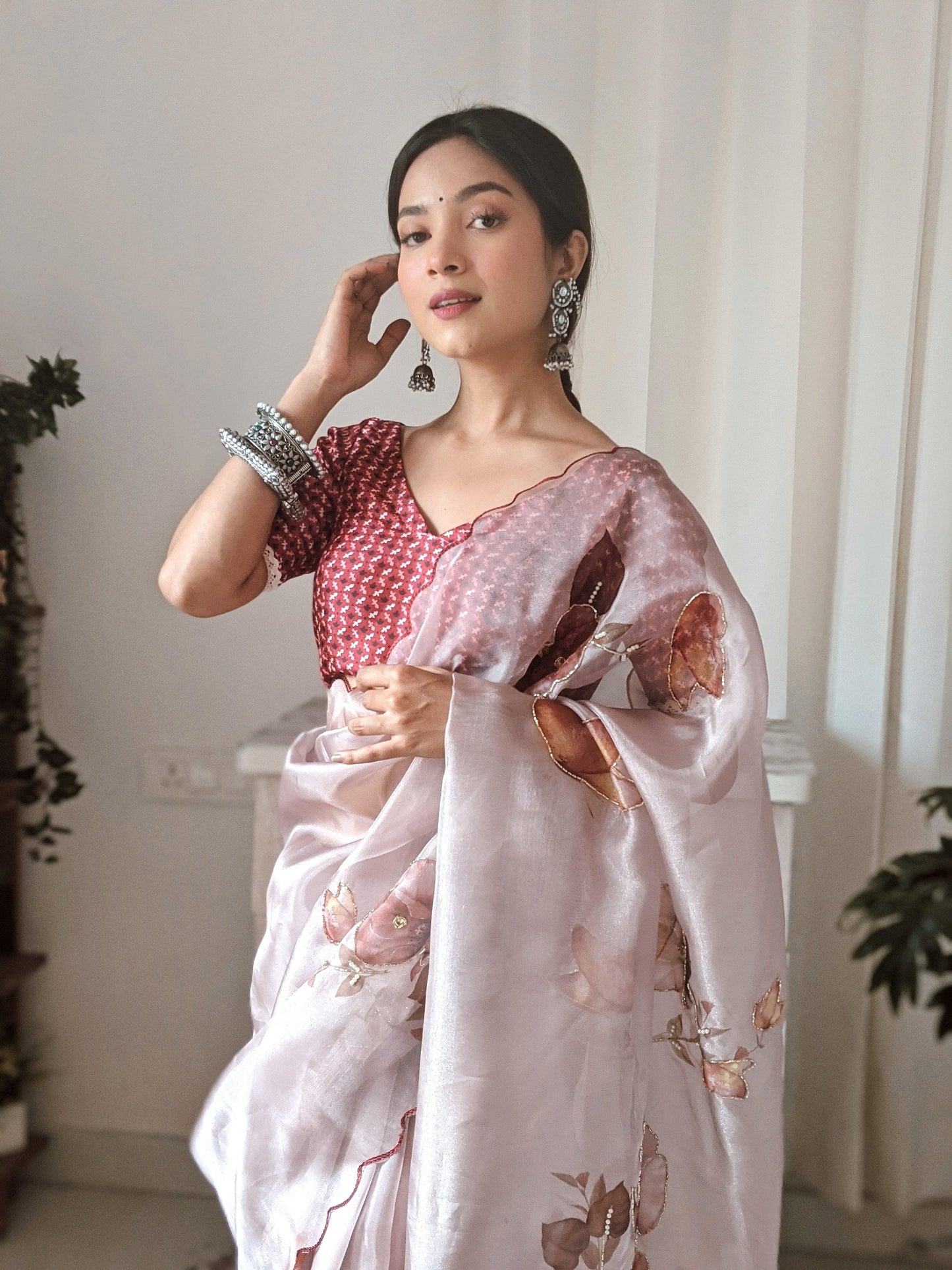 Orgenza || Ligth Coffee Color Printed Pure Organza Silk Saree Hand Work All Over Saree With Blouse - Orgenza Store