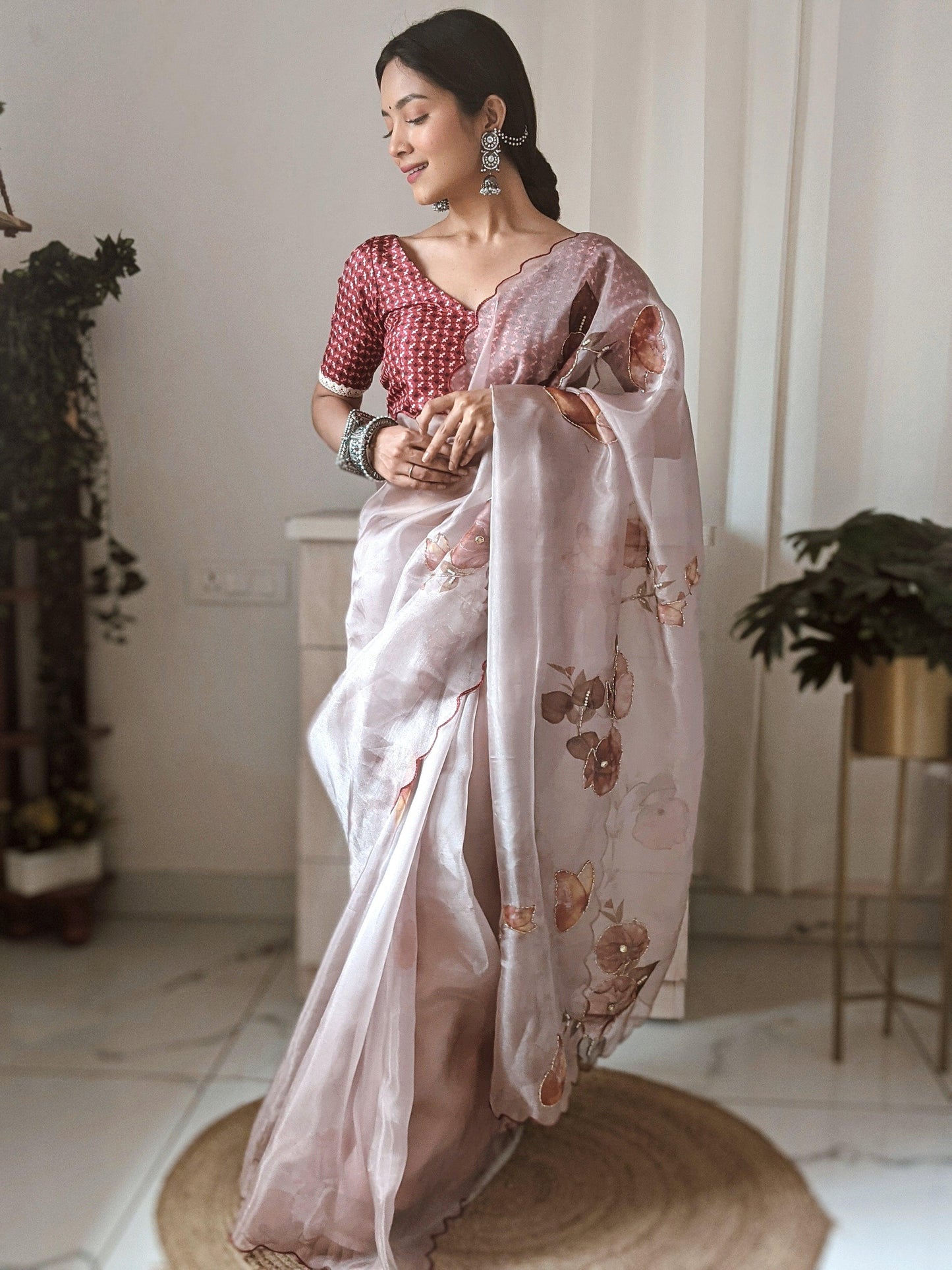 Orgenza || Ligth Coffee Color Printed Pure Organza Silk Saree Hand Work All Over Saree With Blouse - Orgenza Store