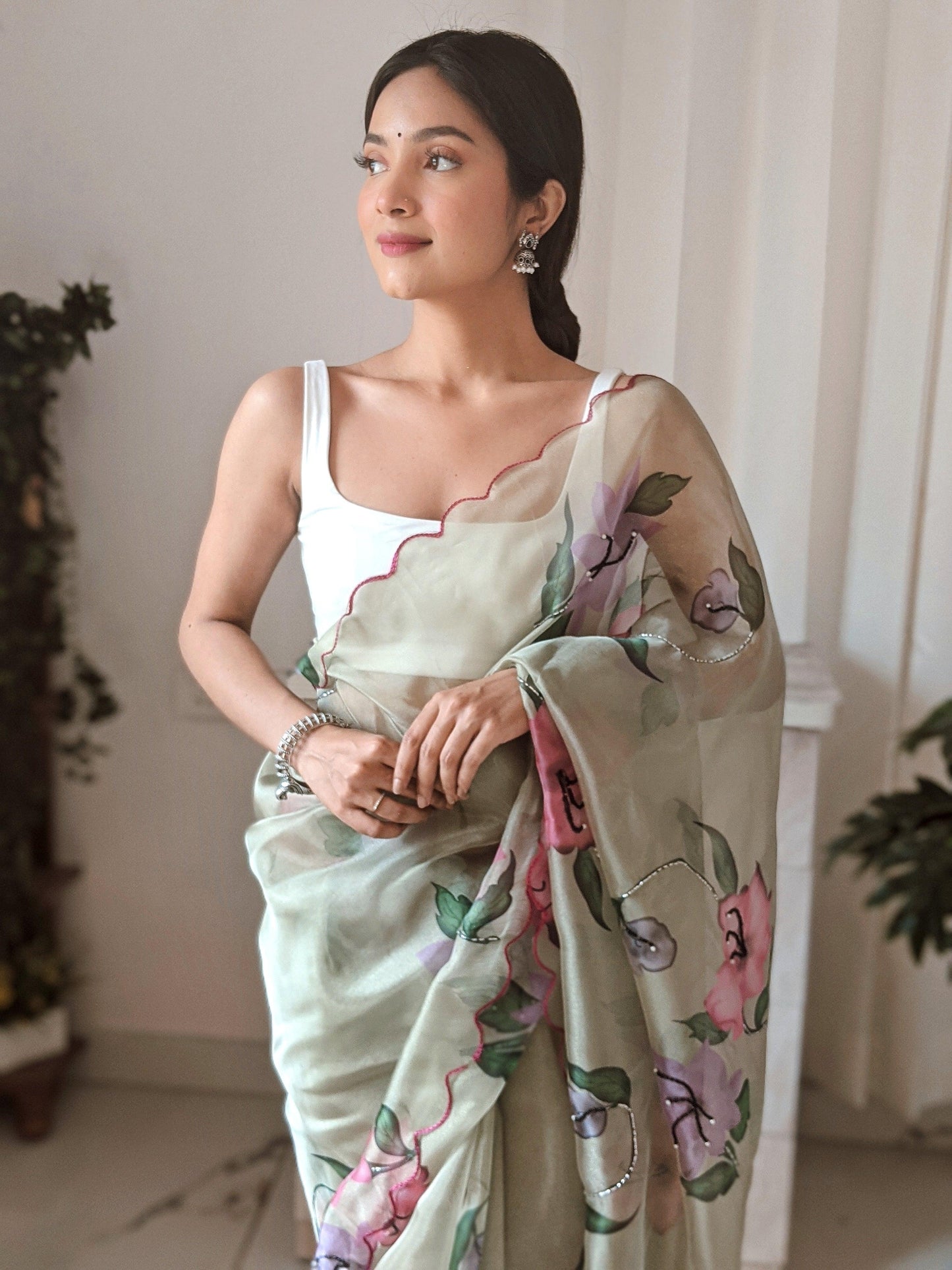 Orgenza || Multi Green Color Pure Organza Silk And Stone Work And Printed Flower Saree With Contrast Blouse - Orgenza Store