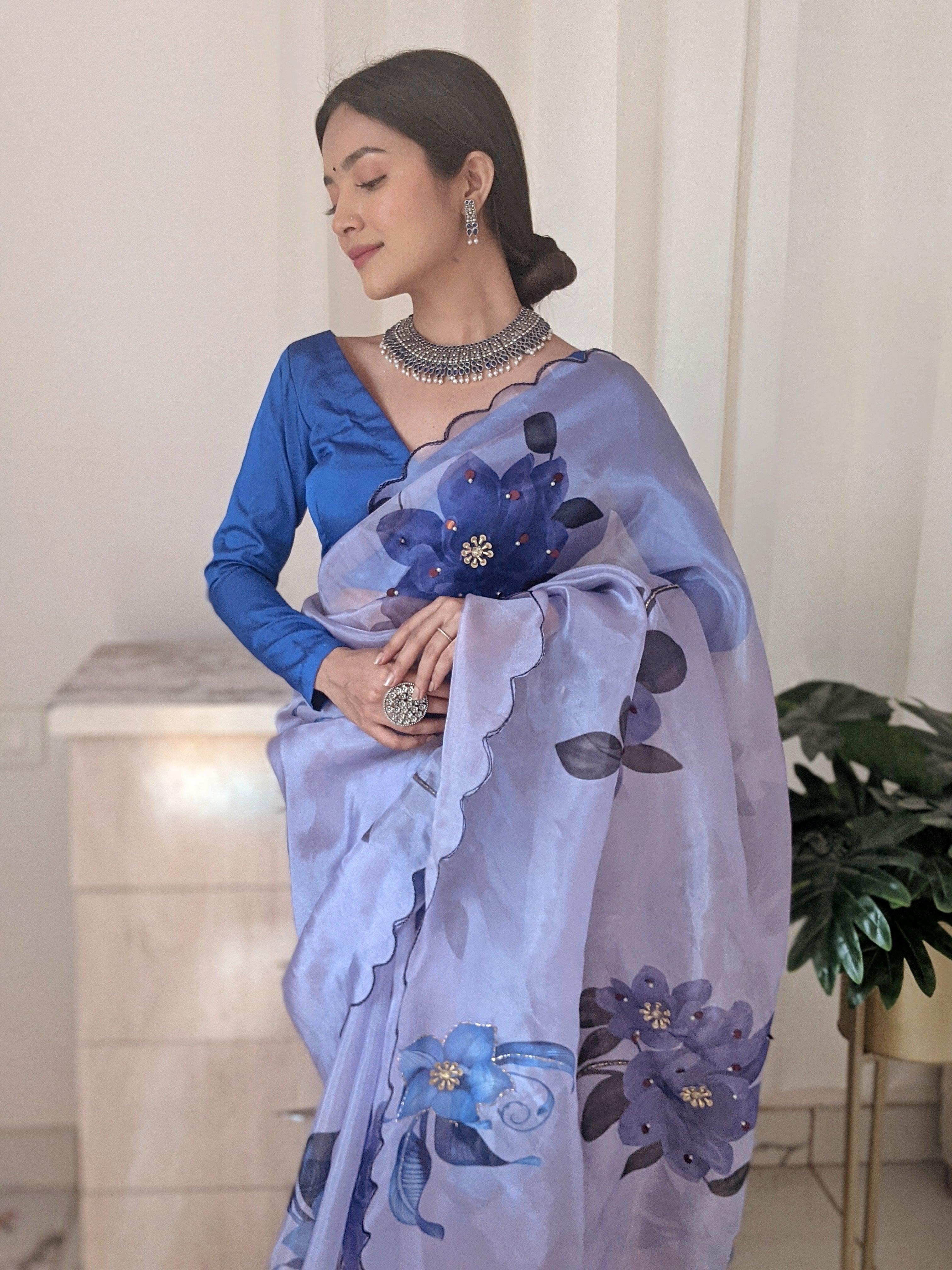 Orgenza Sky Purple Color Pure Organza Silk And Stone Work And Printed Flower Saree With Contrast Blouse - Orgenza Store