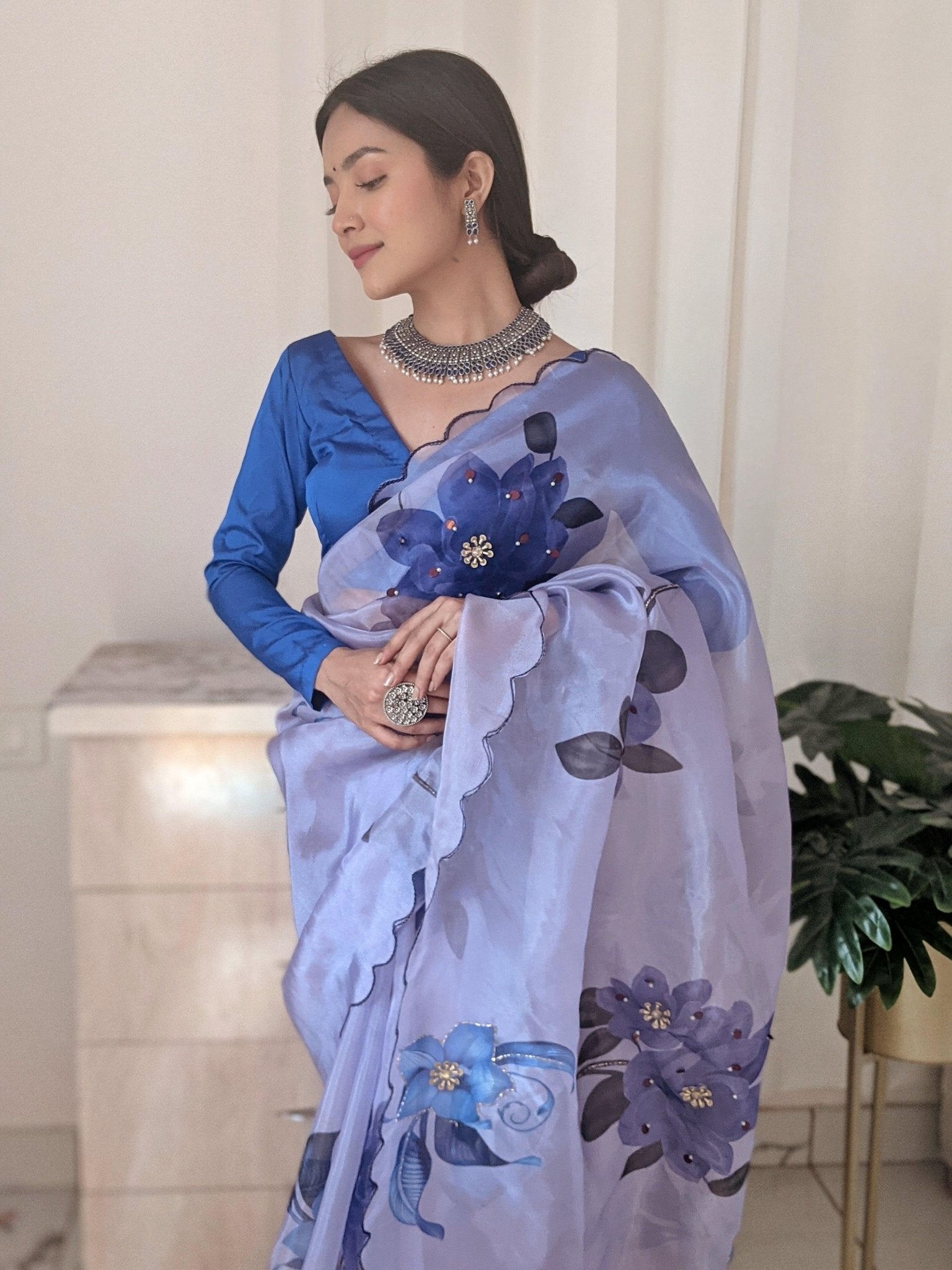 Orgenza Sky Purple Color Pure Organza Silk And Stone Work And Printed Flower Saree With Contrast Blouse - Orgenza Store