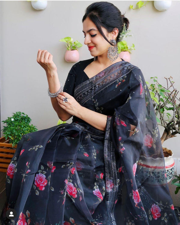 Orgenza Navy blue Color Pure Organza Silk Saree And  Grey Codding Sequence Work - Orgenza Store