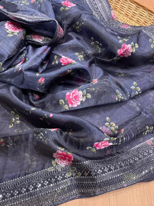 Orgenza Navy blue Color Pure Organza Silk Saree And Grey Codding Sequence Work - Orgenza Store
