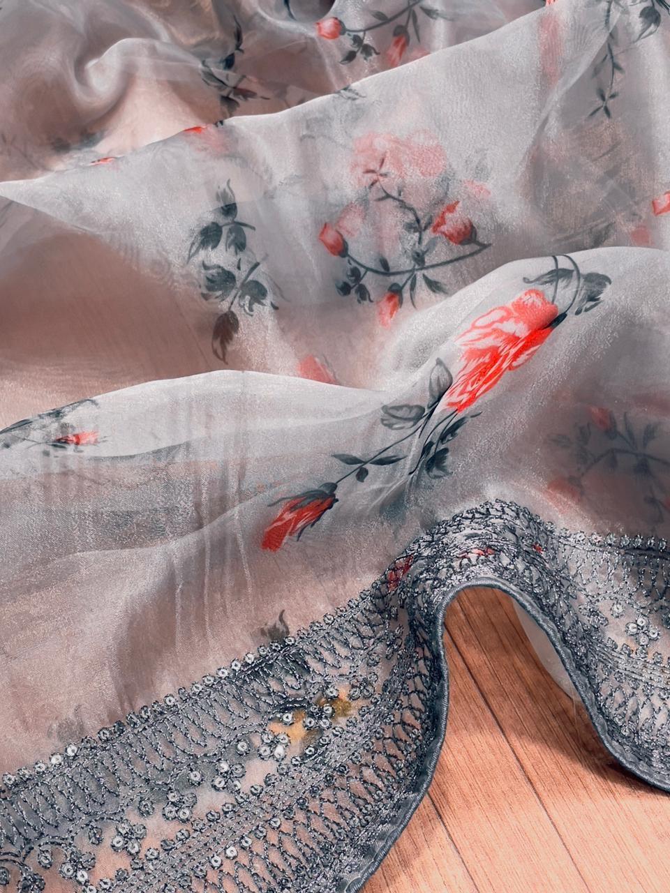 Orgenza Grey Color Pure Organza Silk Saree And Grey Codding Sequence Work - Orgenza Store