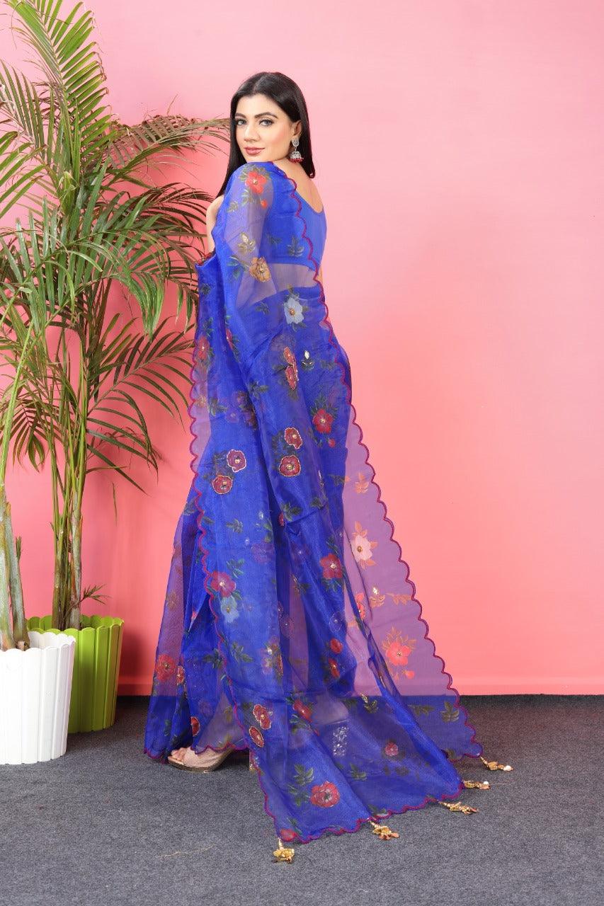 Orgenza || Mk Hit Blue Color Pure Organza Silk Saree With Cutwork Border Saree With Blouse - Orgenza Store