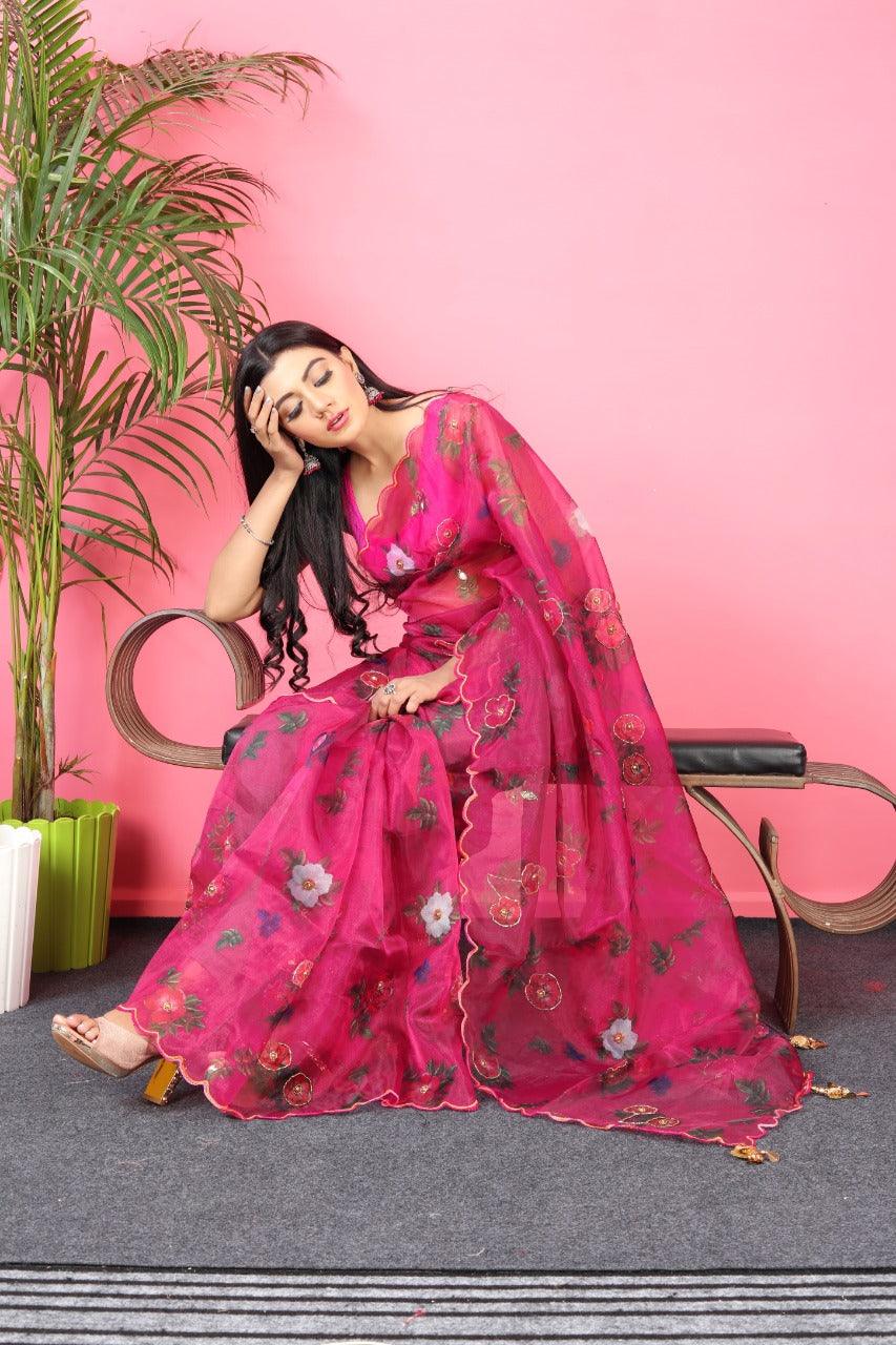 Orgenza || Mk Hit Pink Color Pure Organza Silk Saree With Cutwork Border Saree With Blouse - Orgenza Store