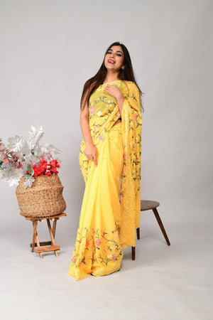 Orgenza | Yellow Color Embroidery Work Georgette Saree With Running Blouse - Orgenza Store