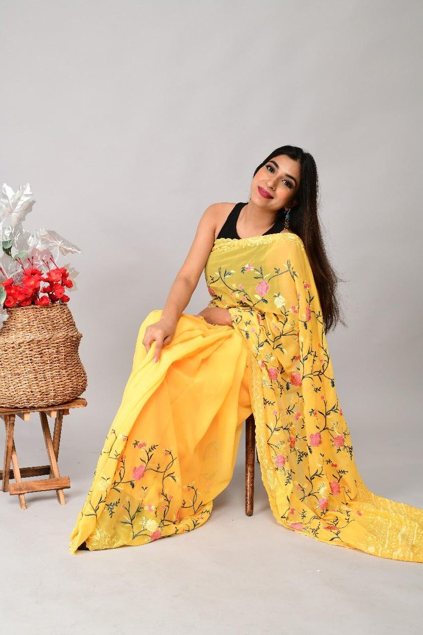 Orgenza | Yellow Color Embroidery Work Georgette Saree With Running Blouse - Orgenza Store