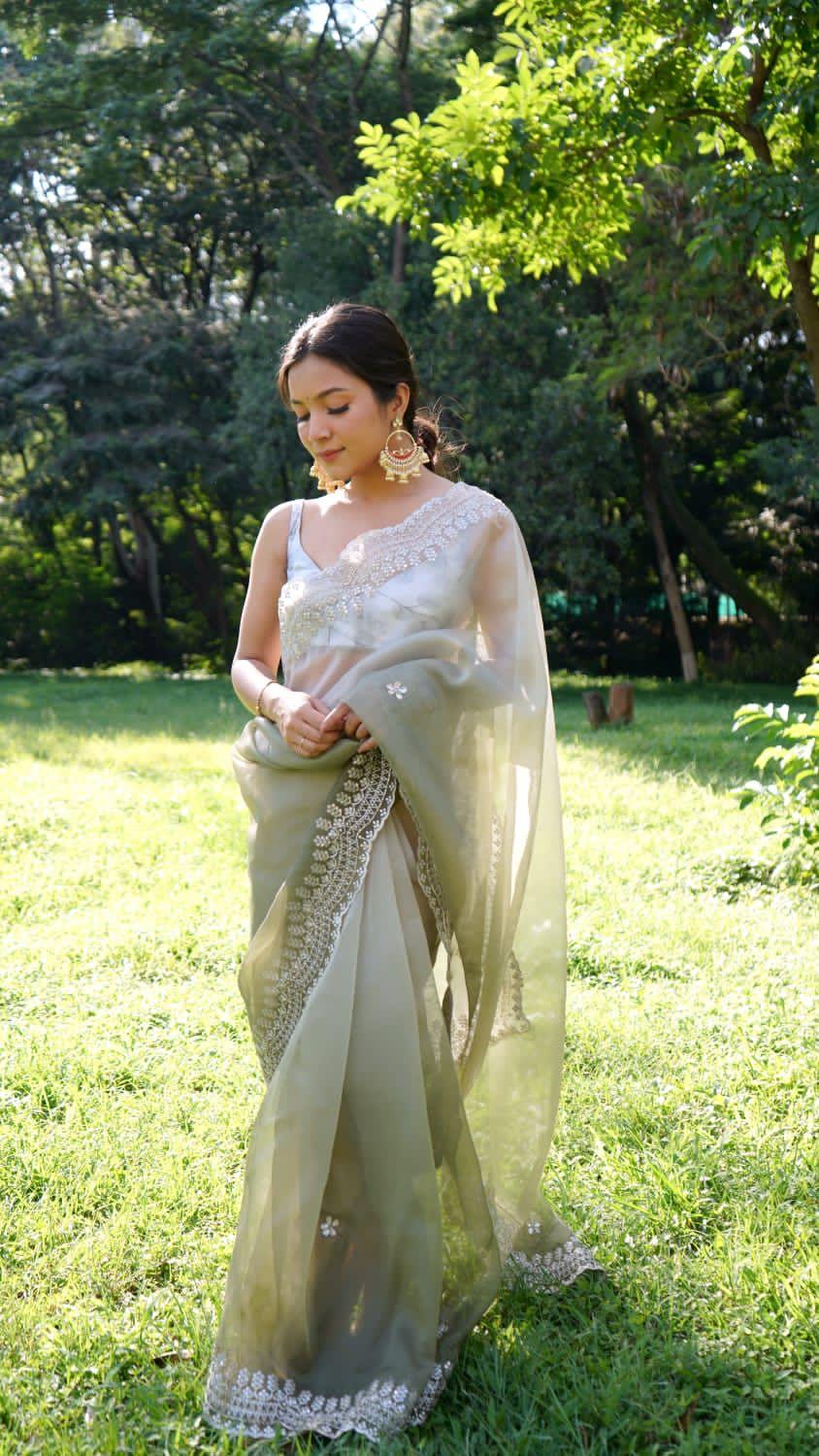 Orgenza || Green Colour Sirovastra Pure organza Silk Saree With Contrast Blouse - Orgenza Store