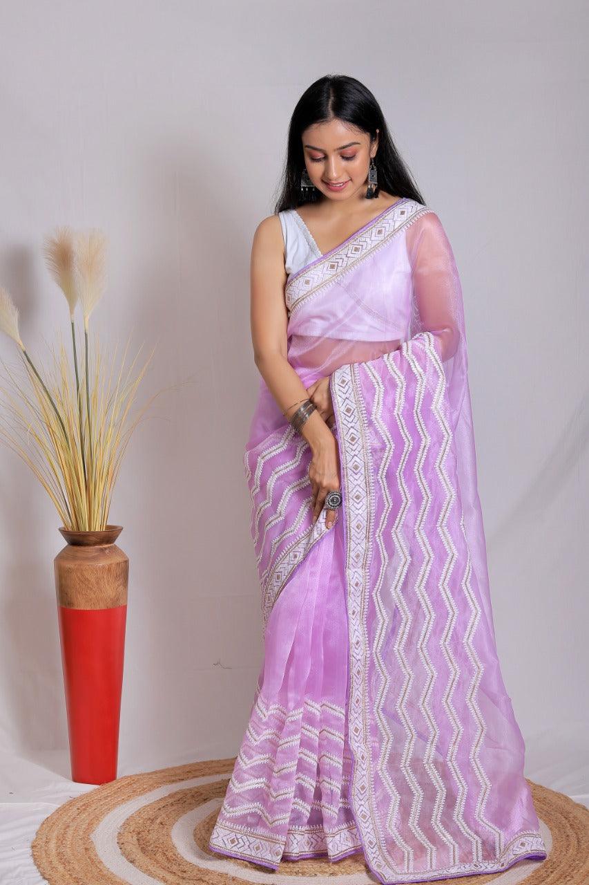 Orgenza || Banno Lavender Color Leheriya Design Embroidery Work Pure Organza Silk Saree With Blouse - Orgenza Store - digisoch