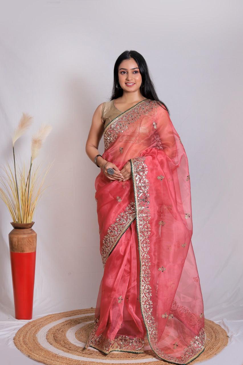 Orgenza || Gajri Color Moh Maya Heavy Gotta Patti Work And Pure Organza Silk Saree With Blouse - Orgenza Store