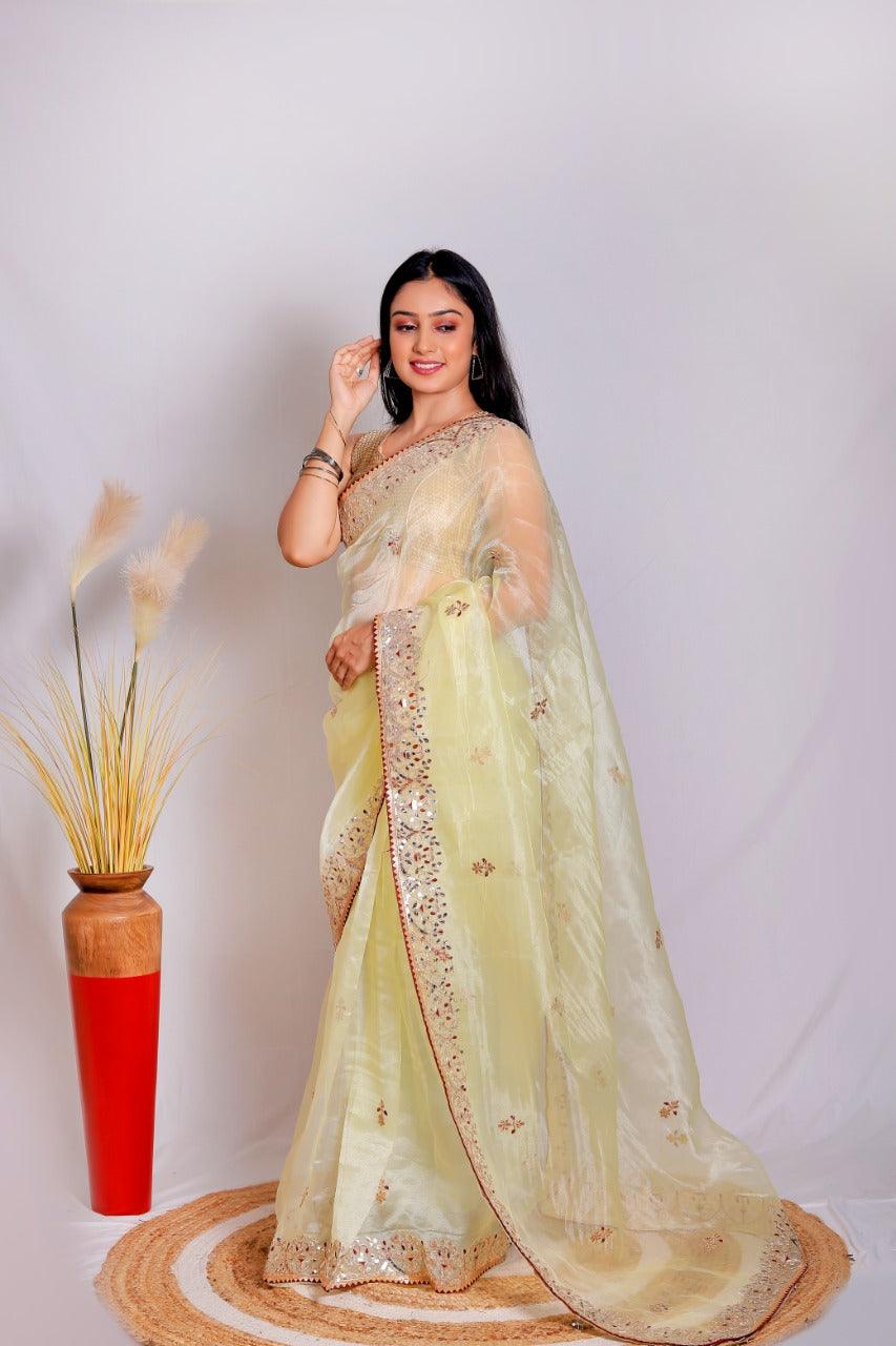 Orgenza || Light Lemon Color Moh Maya Heavy Gotta Patti Work And Pure Organza Silk Saree With Blouse - Orgenza Store