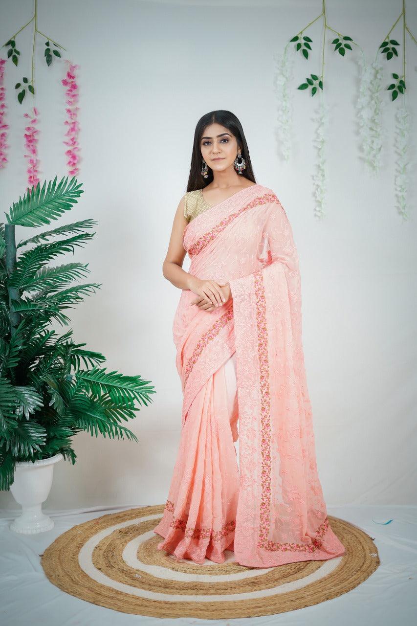 Peach Color Embroidery Work Heavy Georgette Silk Saree With Running Blouse - Orgenza Store