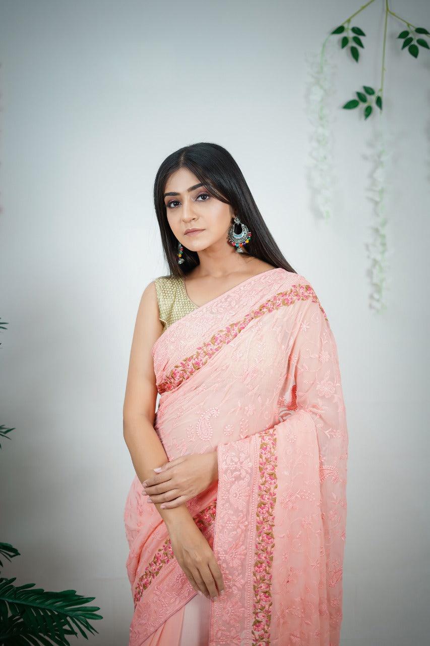 Peach Color Embroidery Work Heavy Georgette Silk Saree With Running Blouse - Orgenza Store