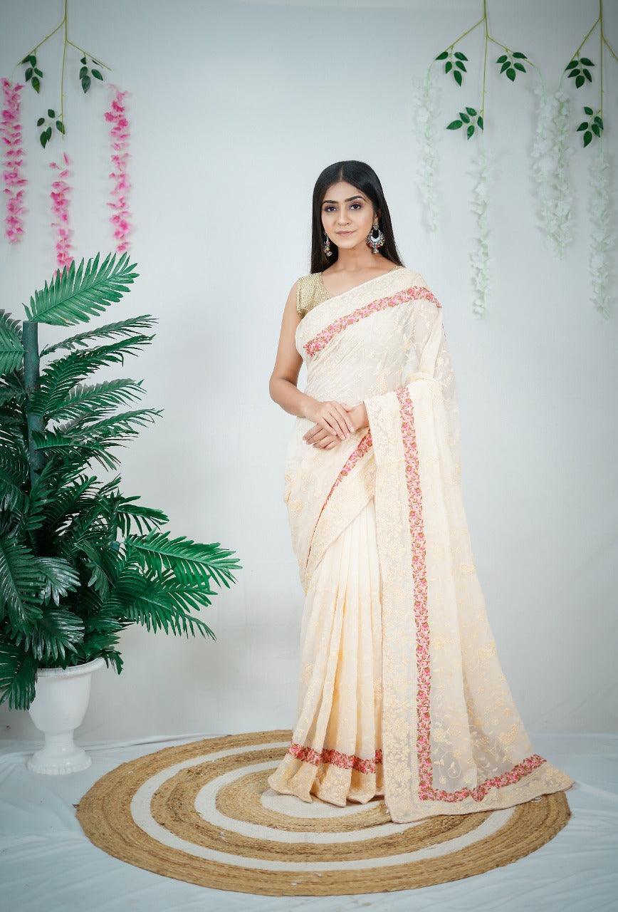 Orgenza || Off White Color Embroidery Work Heavy Georgette Silk Saree With Running Blouse - Orgenza Store