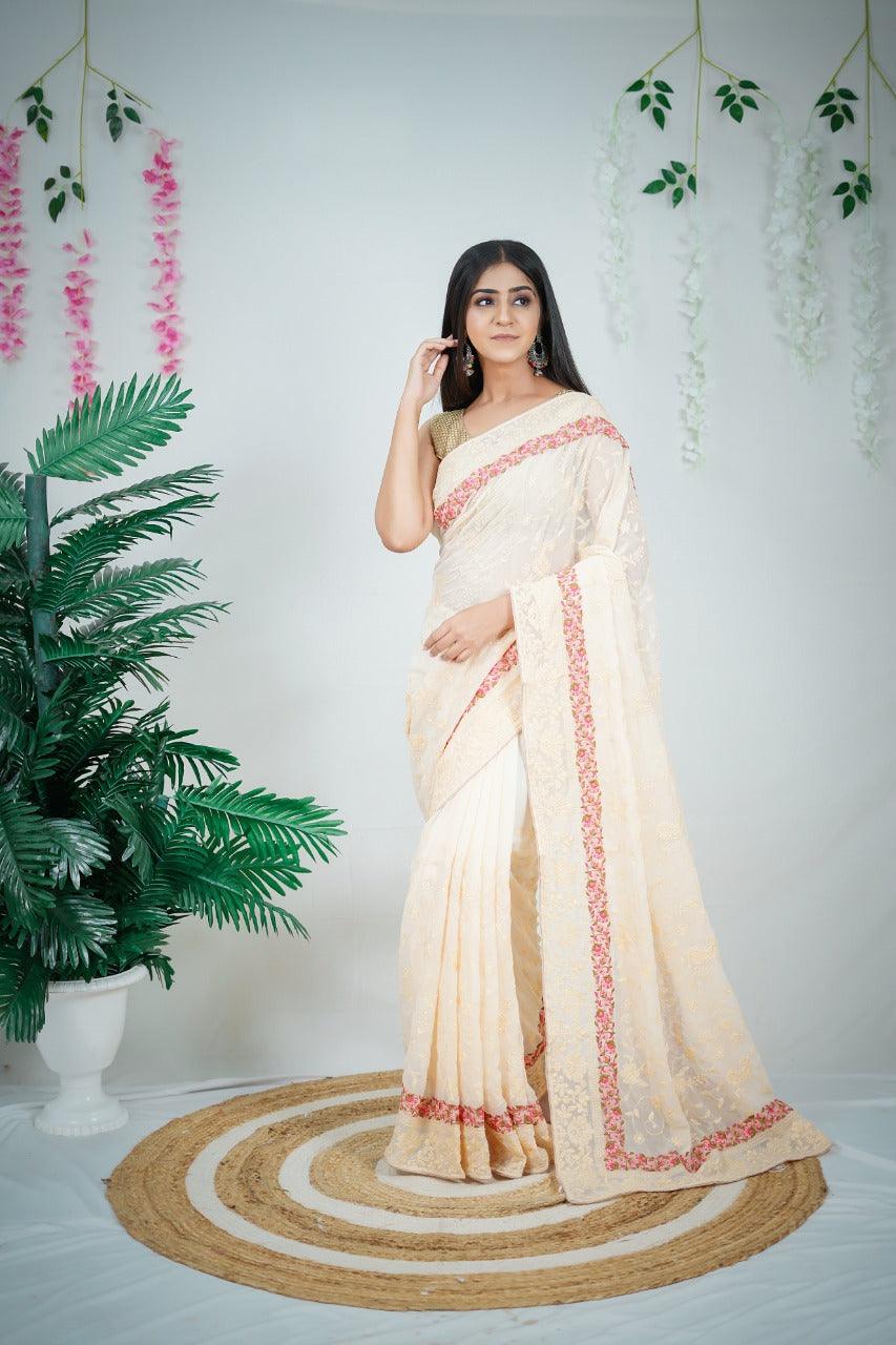 Orgenza || Off White Color Embroidery Work Heavy Georgette Silk Saree With Running Blouse - Orgenza Store