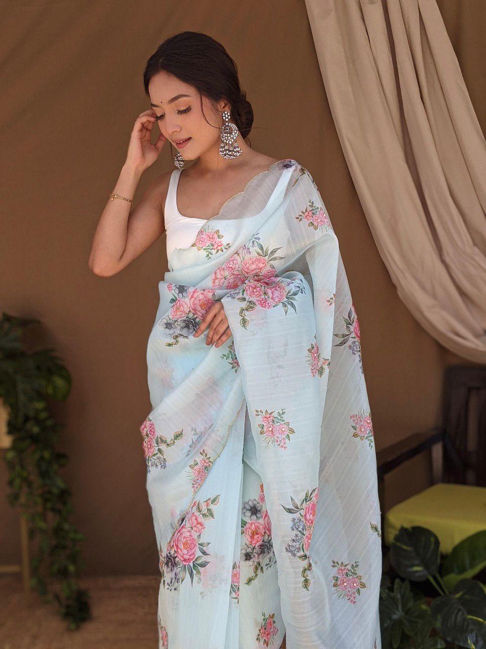 Orgenza ||Light Skyblue Colour Digital Printed And Handwork Pure Organza Silk Saree With Blouse - Orgenza Store