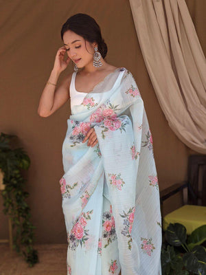 Orgenza ||Light Skyblue Colour Digital Printed And Handwork Pure Organza Silk Saree With Blouse - Orgenza Store - digisoch