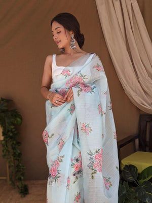 Orgenza ||Light Skyblue Colour Digital Printed And Handwork Pure Organza Silk Saree With Blouse - Orgenza Store - digisoch