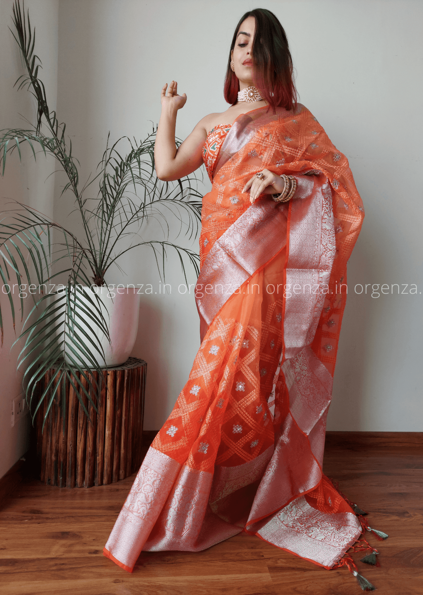 Kora Orange Organza Silk Saree With Elephant Zari Border - Orgenza Store