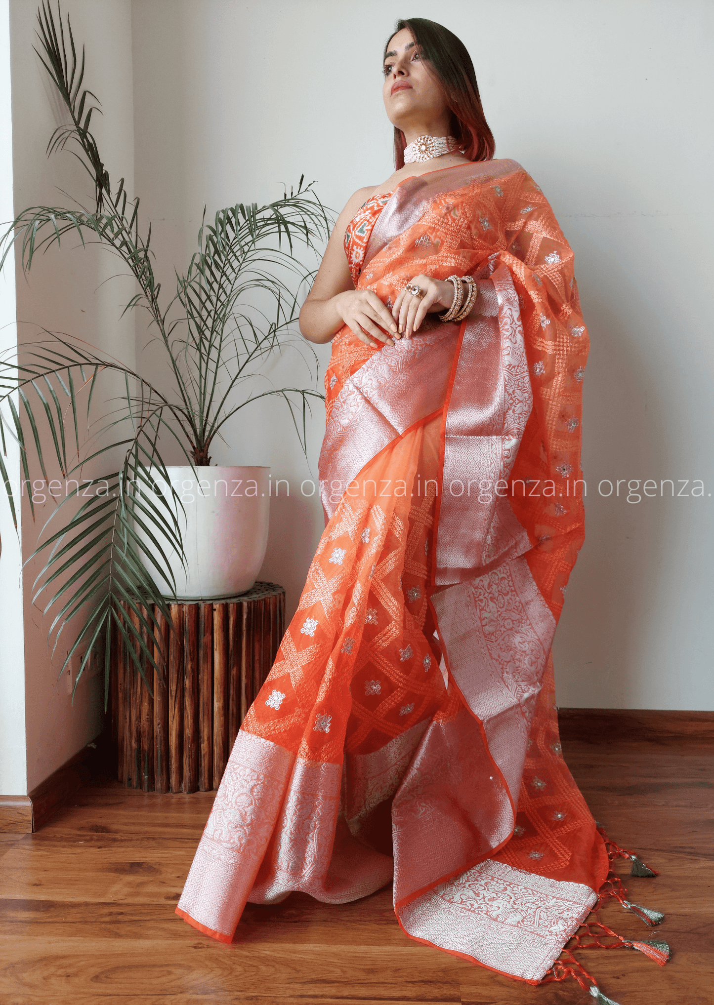 Kora Orange Organza Silk Saree With Elephant Zari Border - Orgenza Store