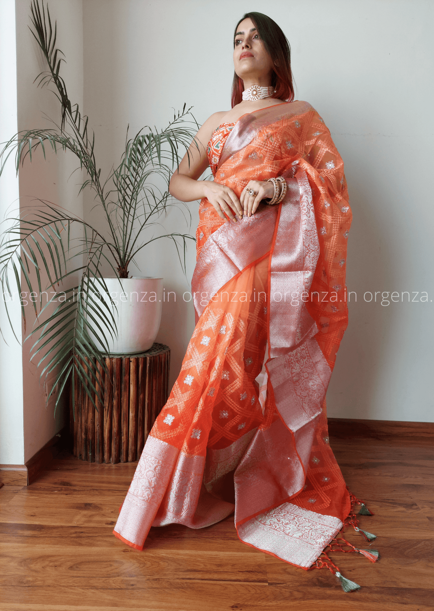 Kora Orange Organza Silk Saree With Elephant Zari Border - Orgenza Store