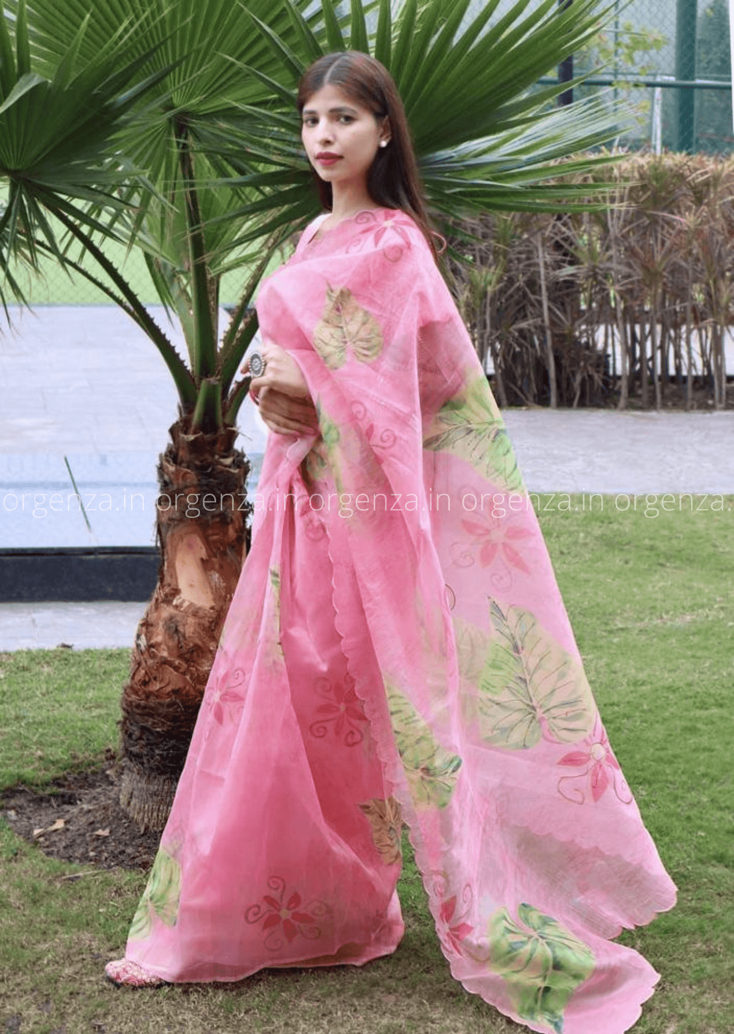 Light Pink Hand Print Organza Saree - Orgenza Store