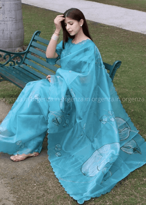 Aqua Blue Hand Print Organza Saree - Orgenza Store - digisoch