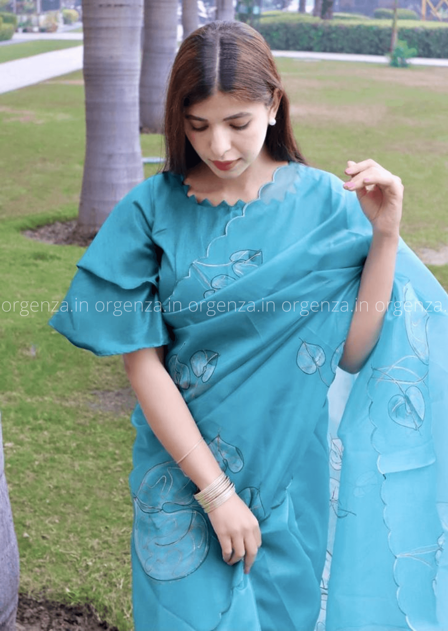 Aqua Blue Hand Print Organza Saree - Orgenza Store
