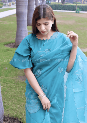 Aqua Blue Hand Print Organza Saree - Orgenza Store - digisoch