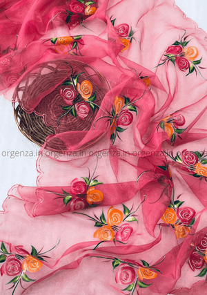 Peach Hand Print Organza Saree - Orgenza Store - digisoch