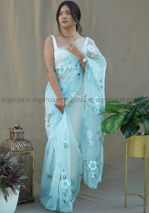 Light Sky Hand Printed Organza Saree - Orgenza Store - digisoch