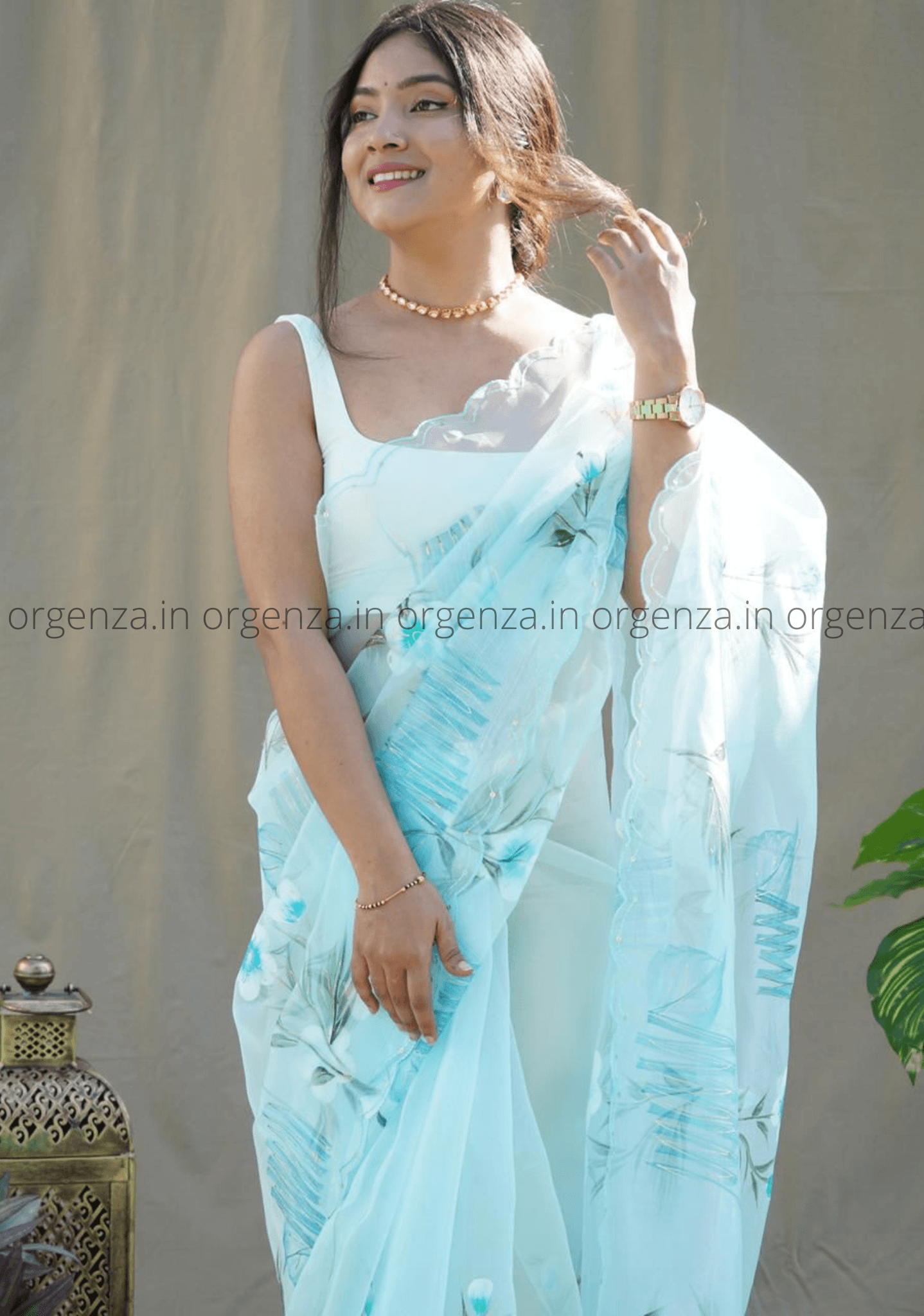 Light Sky Hand Printed Organza Saree - Orgenza Store