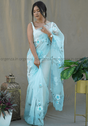 Light Sky Hand Printed Organza Saree - Orgenza Store - digisoch