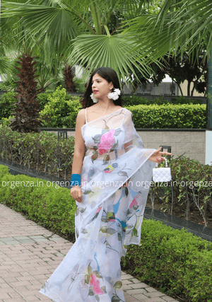 White Organza Saree With Floral Print And Handwork - Orgenza Store - digisoch