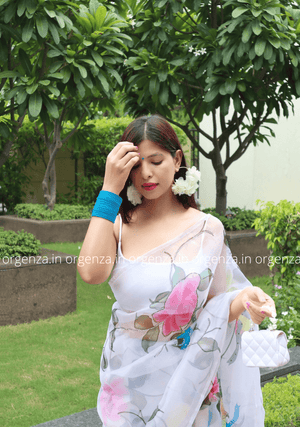 White Organza Saree With Floral Print And Handwork - Orgenza Store - digisoch