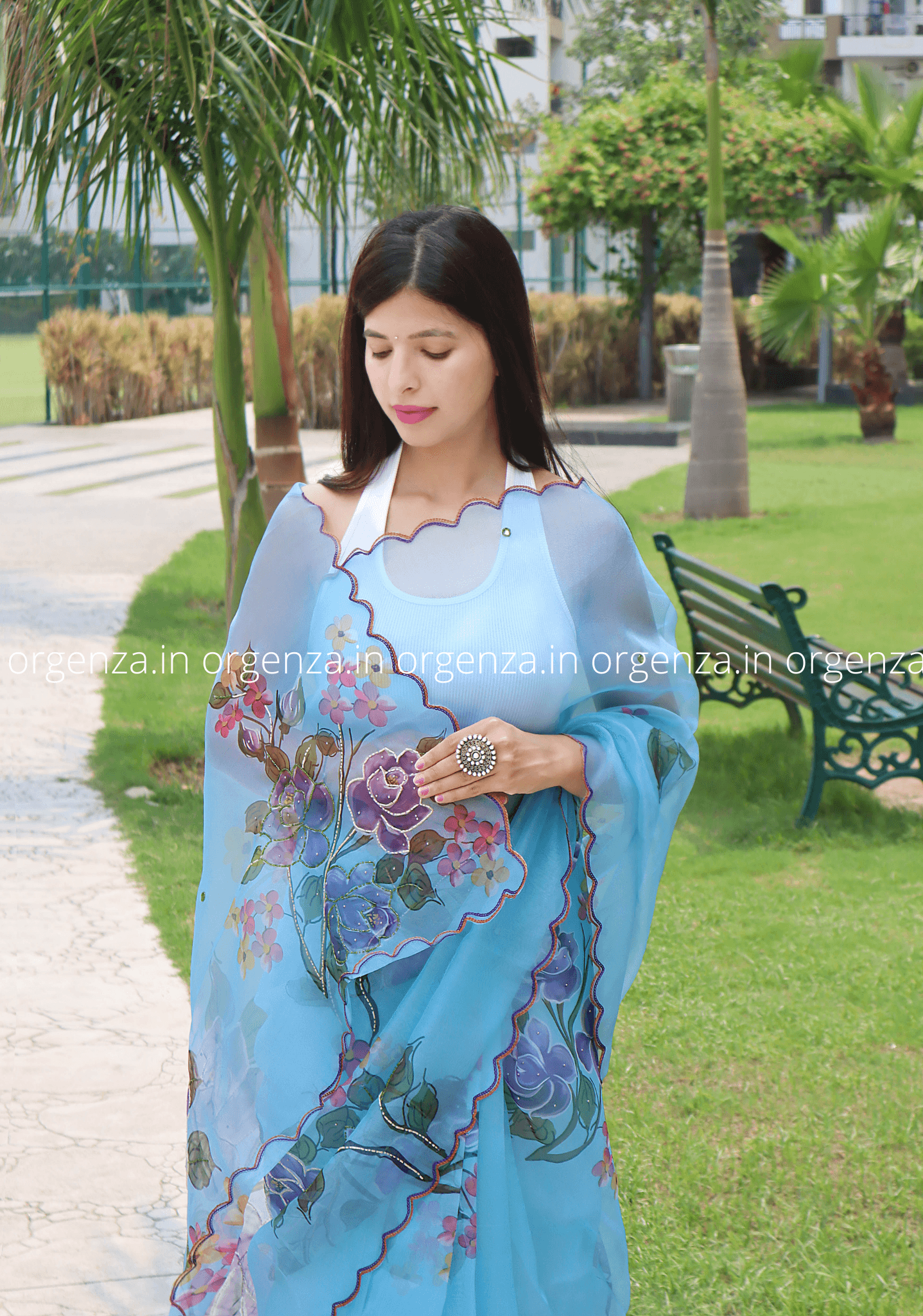 Light Sky Organza Silk Saree - Orgenza Store