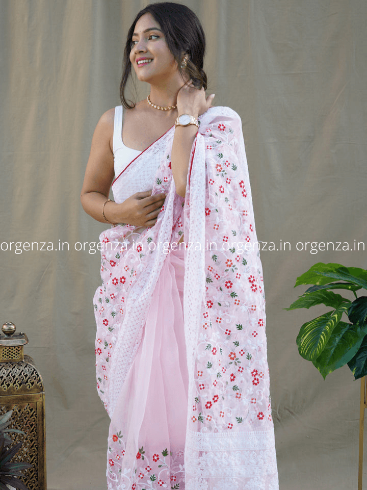 Organza Saree With Lakhanvi Chikankari Work - Orgenza Store - digisoch