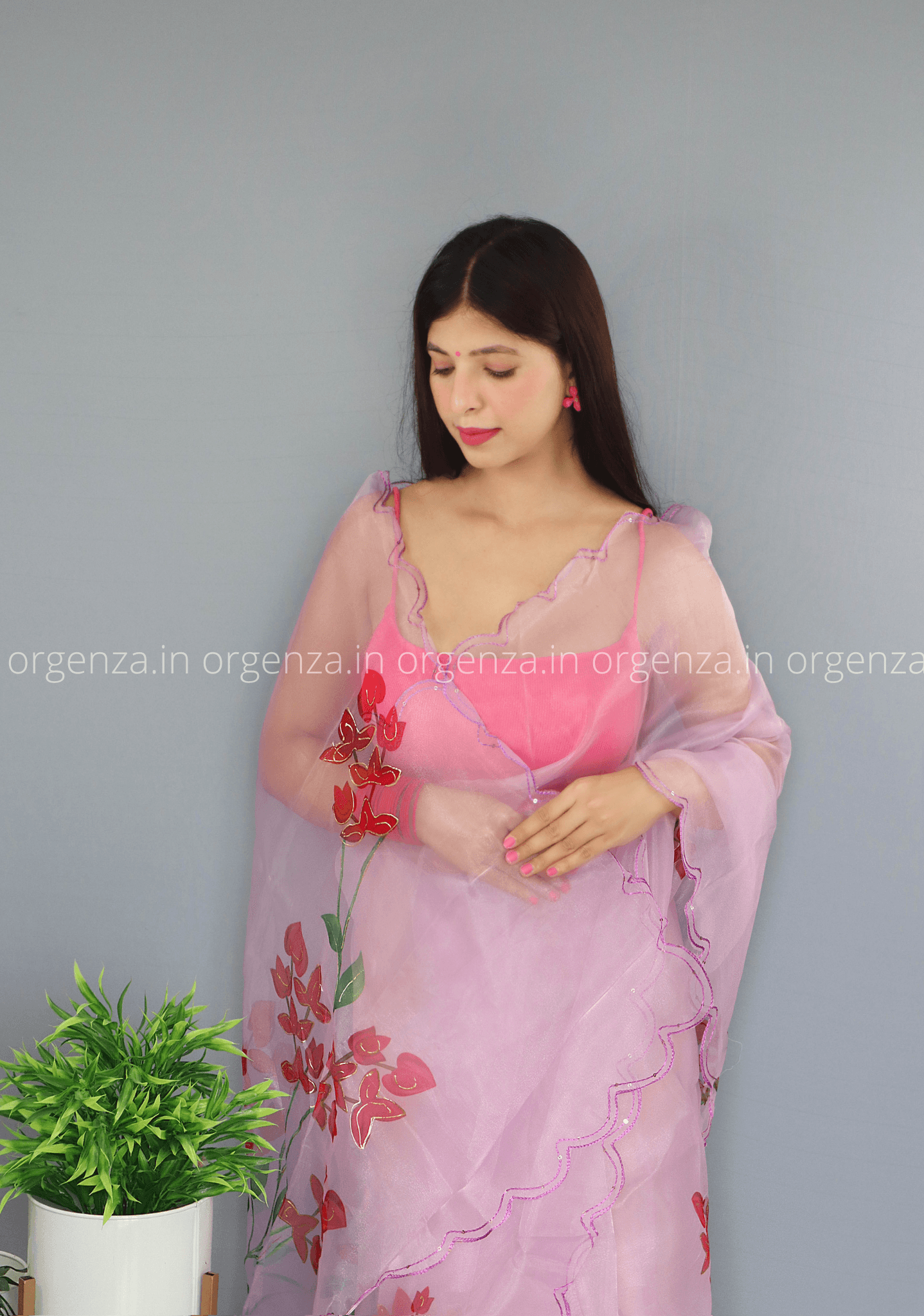 Baby Pink Floral Organza Saree With Foil Print - Orgenza Store