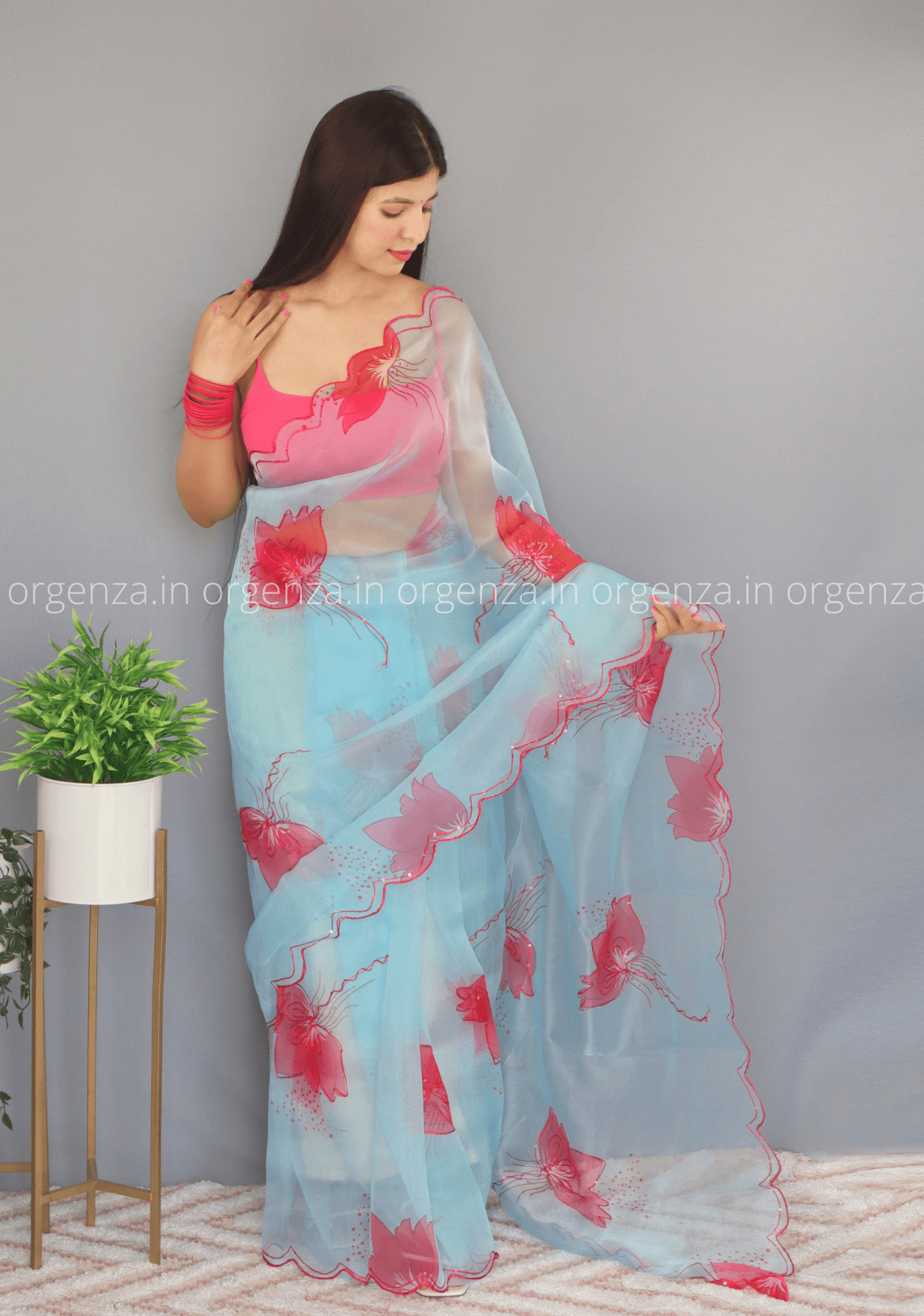 Sky Floral Organza Saree With Foil Print - Orgenza Store
