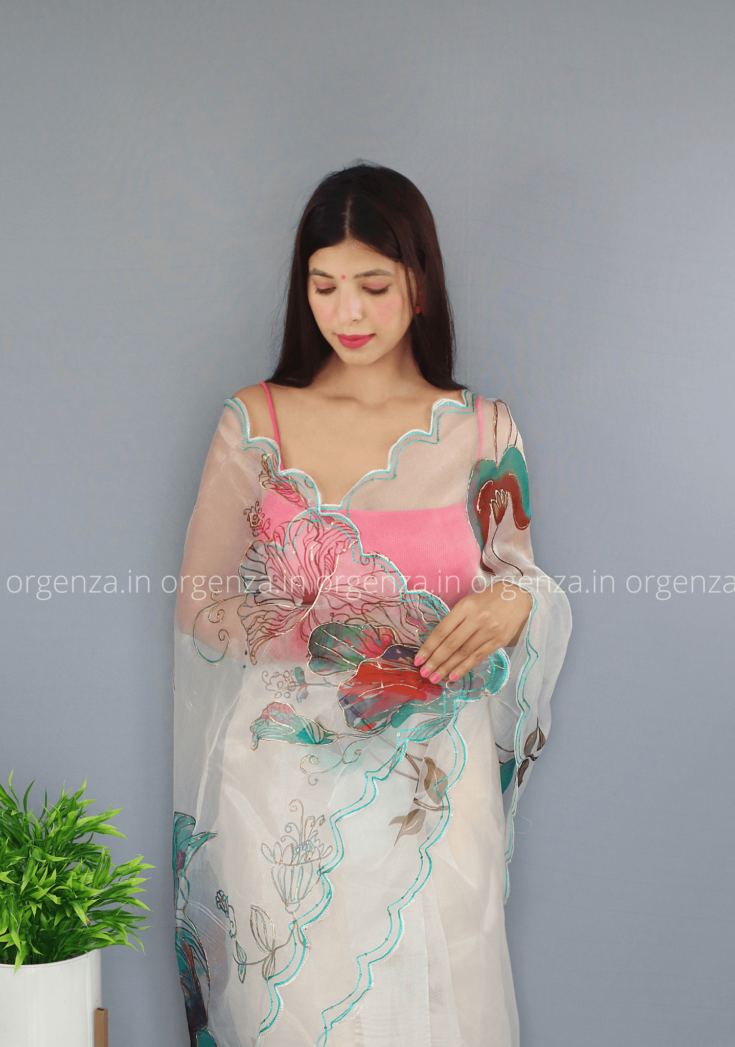 Cream Floral Organza Saree With Foil Print - Orgenza Store