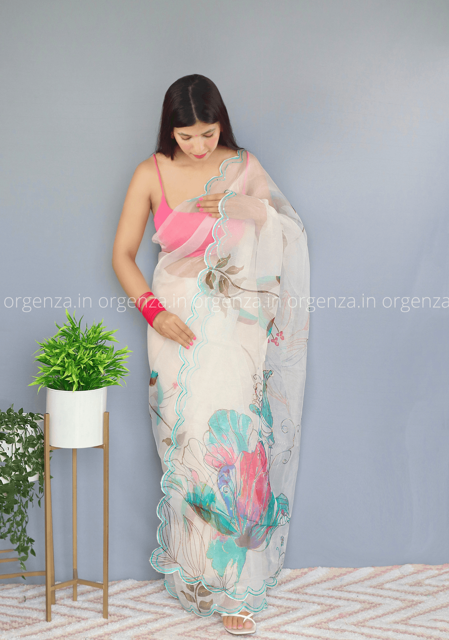 Cream Floral Organza Saree With Foil Print - Orgenza Store