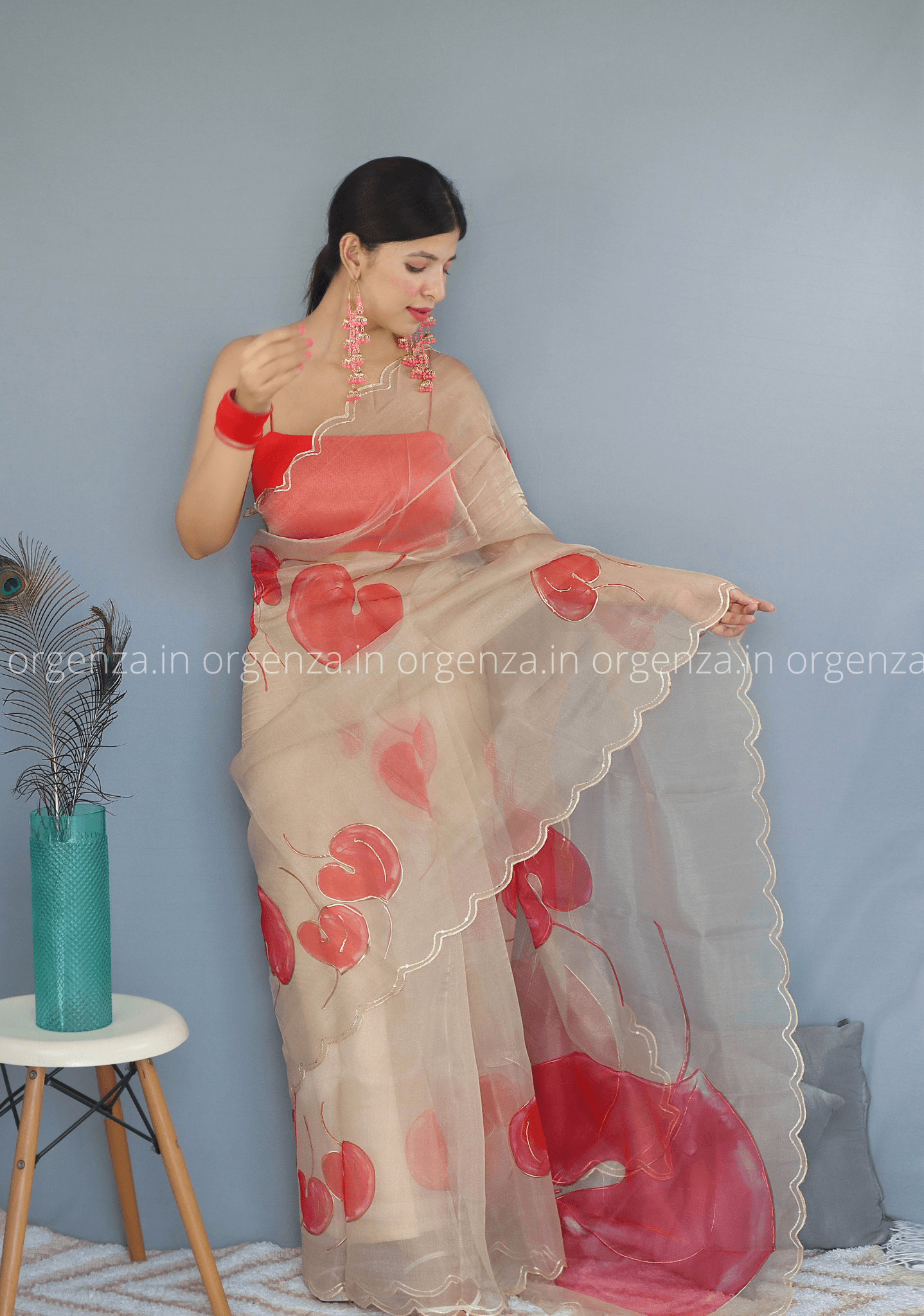 Dark Cream Floral Organza Saree With Foil Print - Orgenza Store