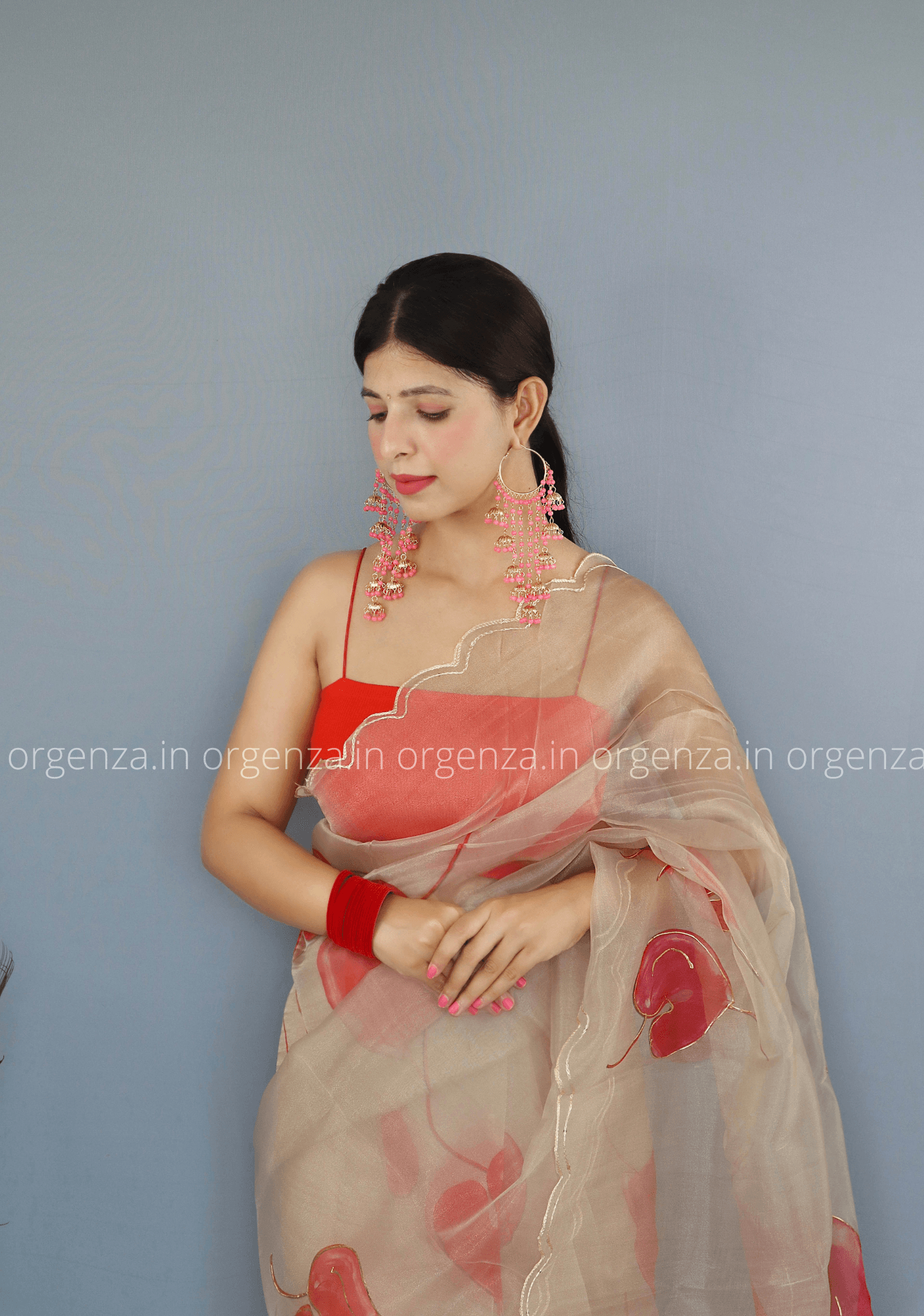 Dark Cream Floral Organza Saree With Foil Print - Orgenza Store