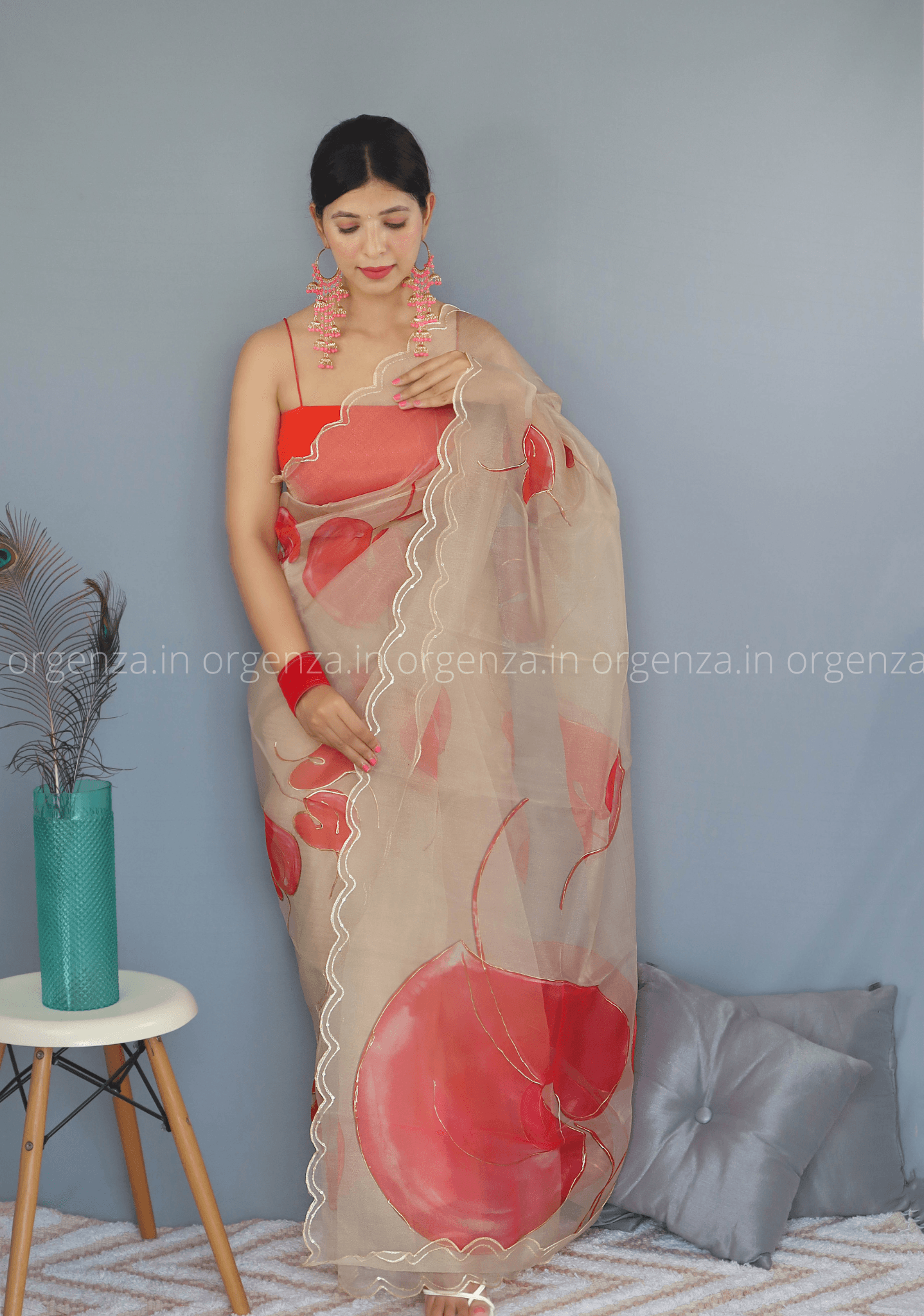 Dark Cream Floral Organza Saree With Foil Print - Orgenza Store