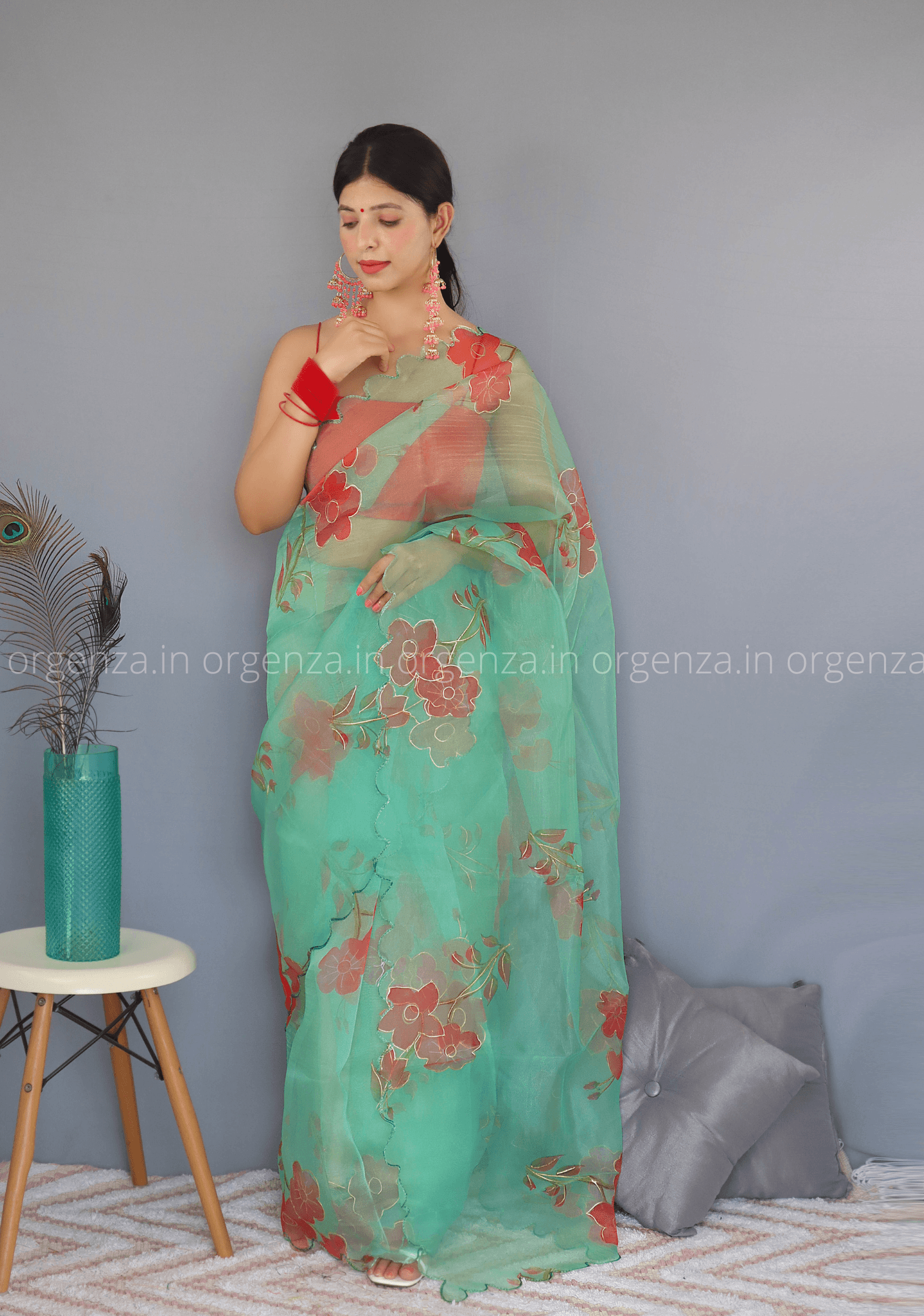 Green Floral Organza Saree With Foil Print - Orgenza Store
