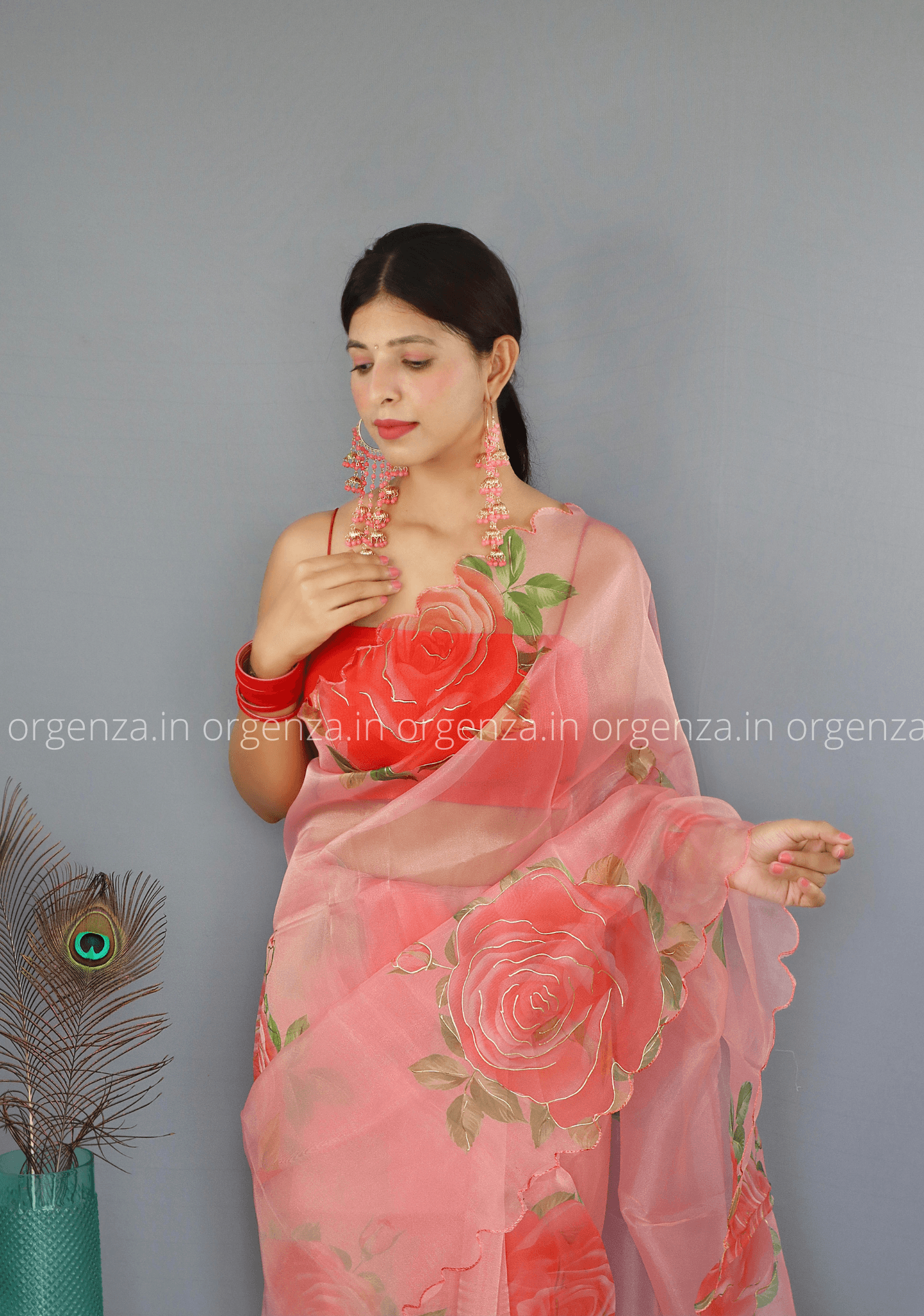 Peach Floral Organza Saree With Foil Print - Orgenza Store